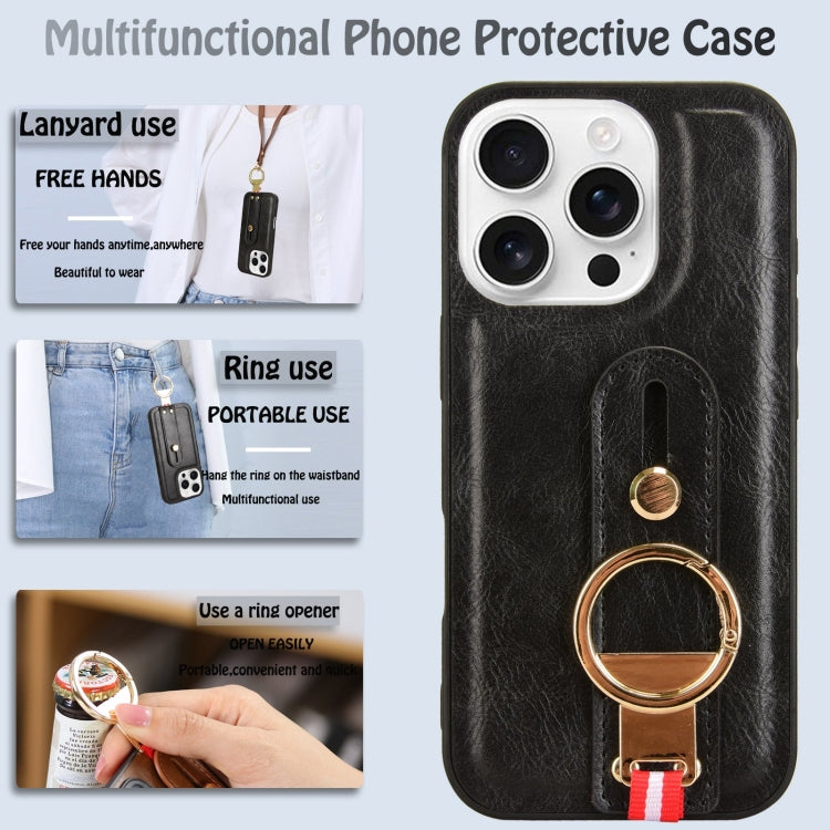For iPhone 16 Pro Max Wristband Leather Back Phone Case