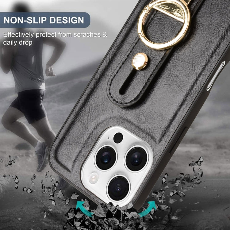 For iPhone 16 Pro Max Wristband Leather Back Phone Case