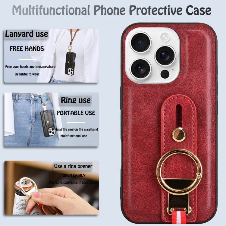 For iPhone 16 Pro Max Wristband Leather Back Phone Case