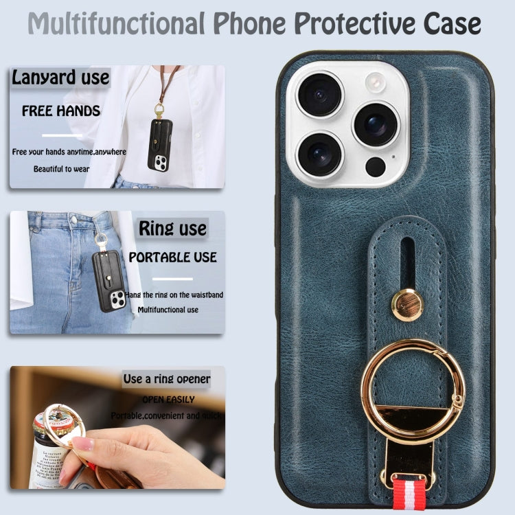 For iPhone 16 Pro Max Wristband Leather Back Phone Case
