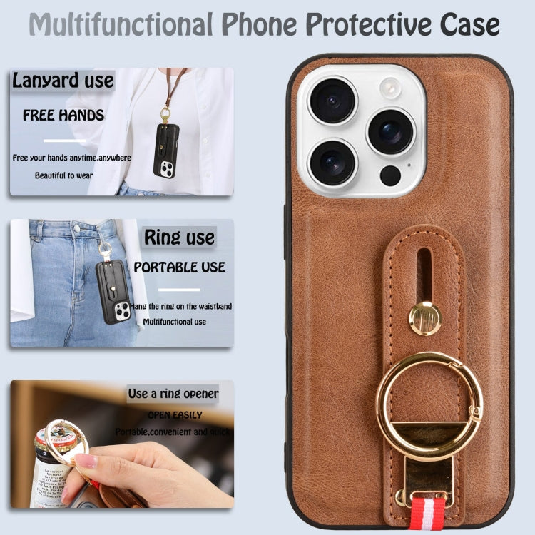 For iPhone 16 Pro Wristband Leather Back Phone Case