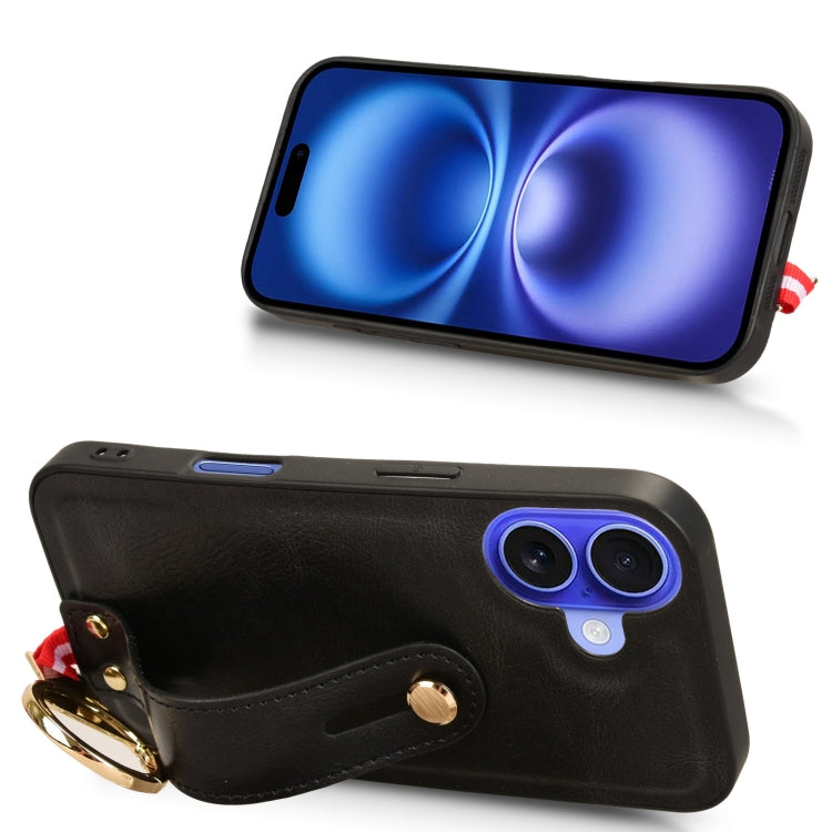 For iPhone 16 Wristband Leather Back Phone Case