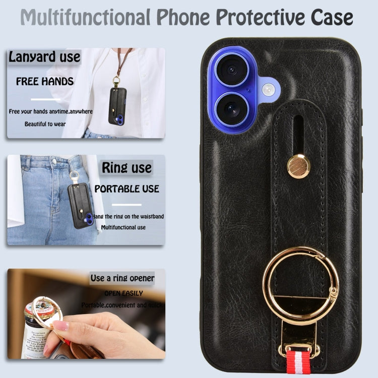 For iPhone 16 Wristband Leather Back Phone Case