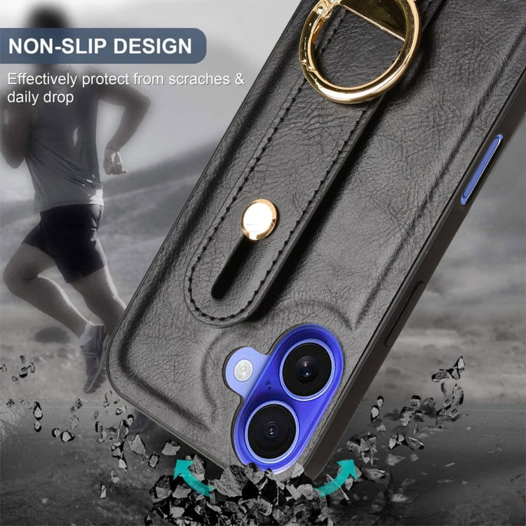 For iPhone 16 Wristband Leather Back Phone Case