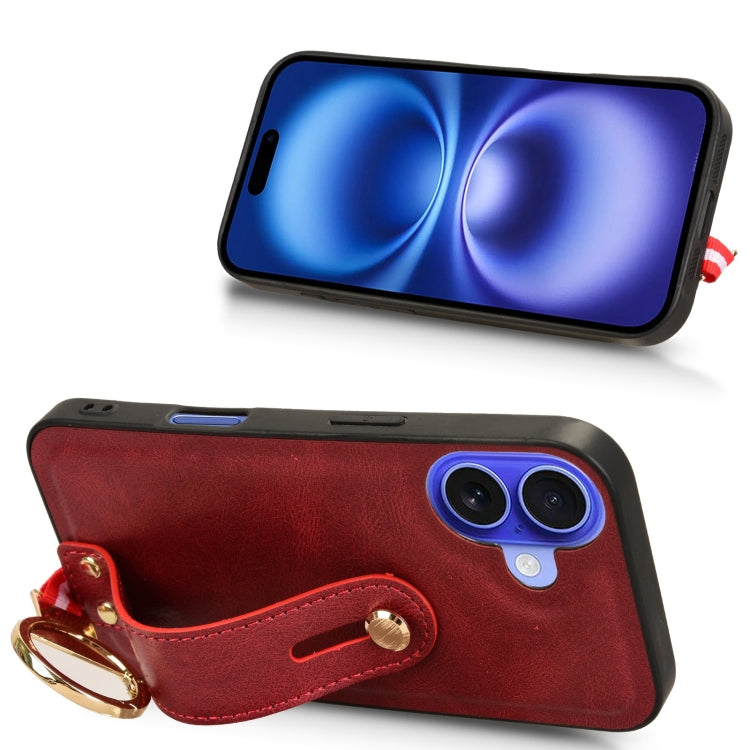 For iPhone 16 Wristband Leather Back Phone Case