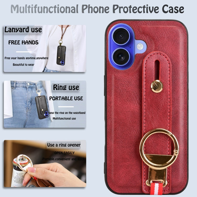 For iPhone 16 Wristband Leather Back Phone Case