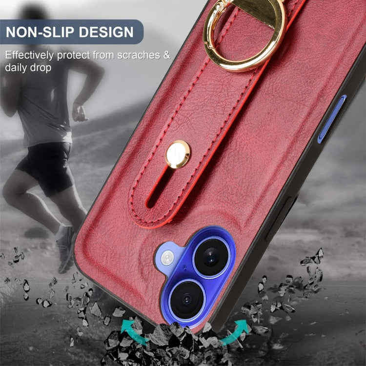 For iPhone 16 Wristband Leather Back Phone Case