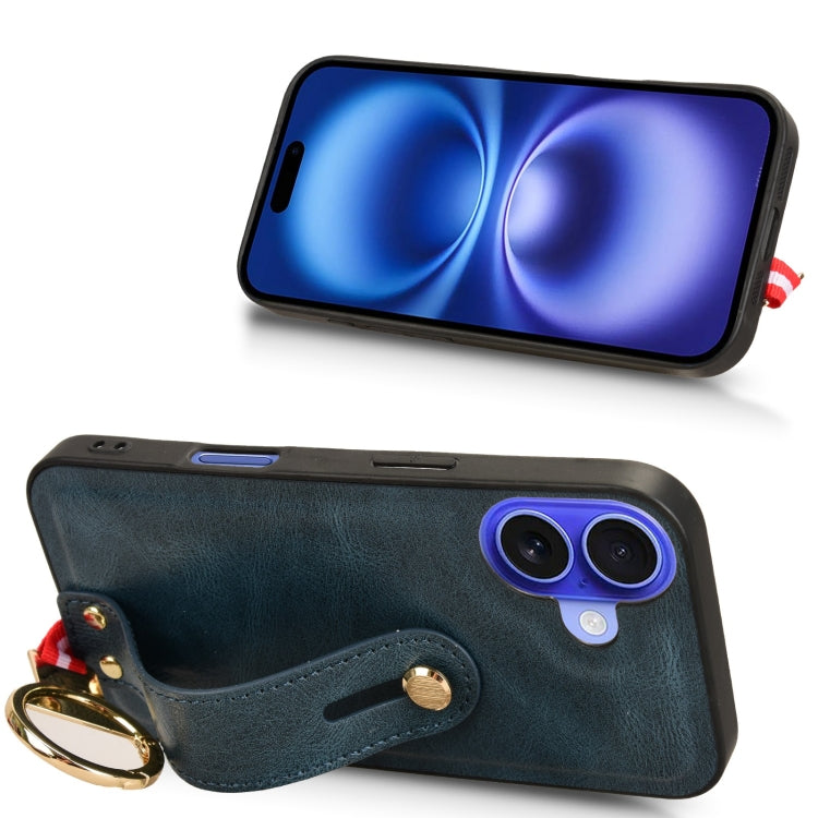 For iPhone 16 Wristband Leather Back Phone Case
