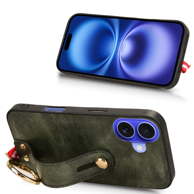 For iPhone 16 Wristband Leather Back Phone Case
