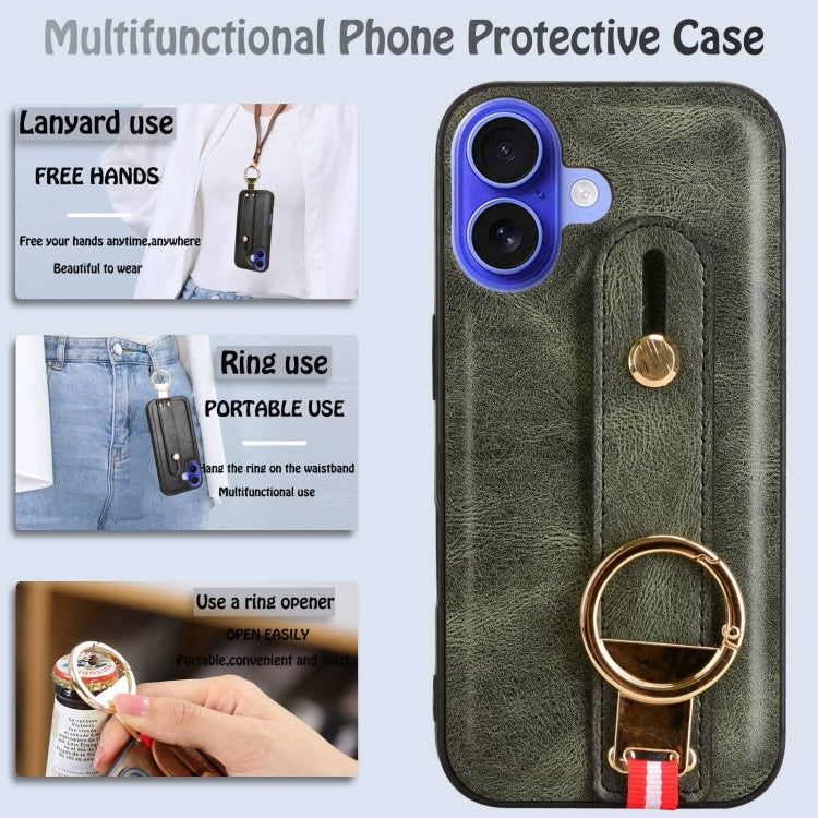 For iPhone 16 Wristband Leather Back Phone Case