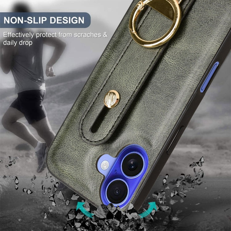 For iPhone 16 Wristband Leather Back Phone Case