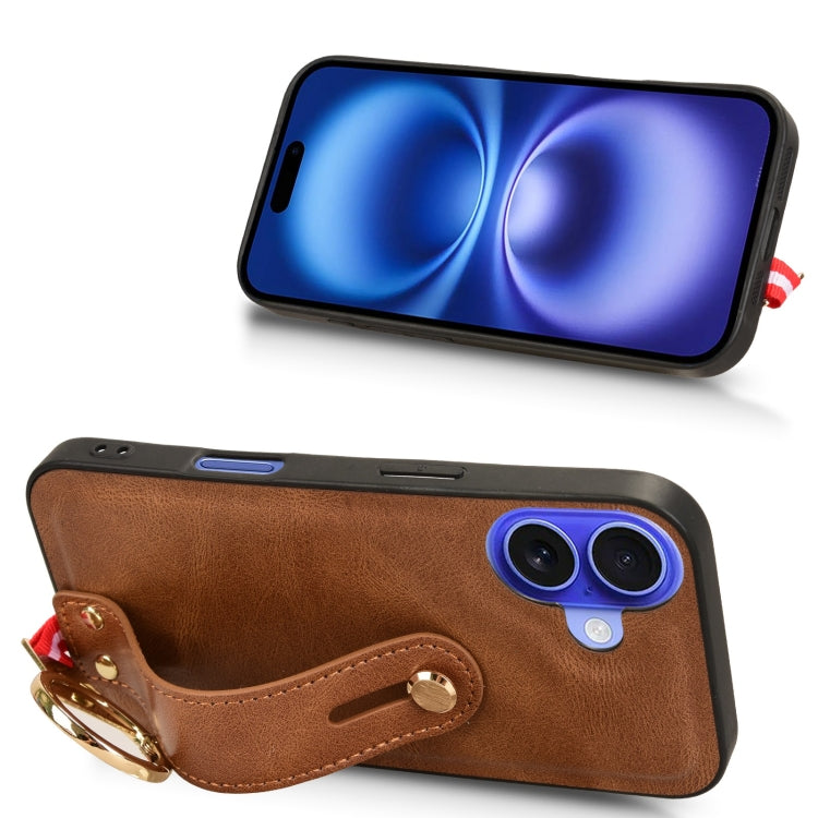 For iPhone 16 Wristband Leather Back Phone Case