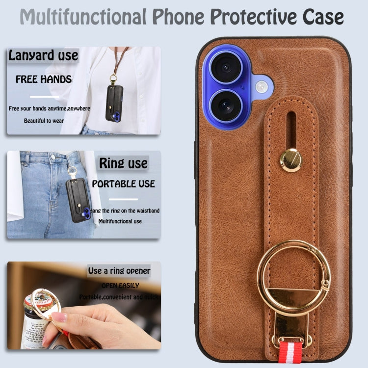 For iPhone 16 Wristband Leather Back Phone Case