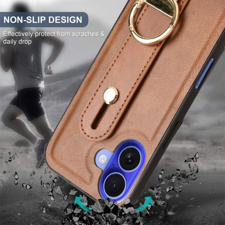 For iPhone 16 Wristband Leather Back Phone Case