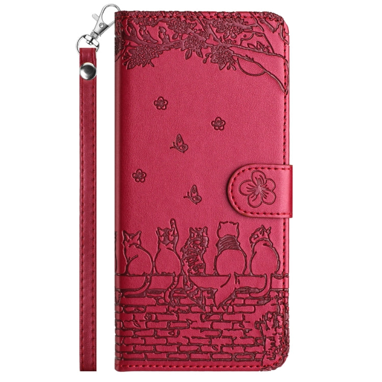 For Redmi Note 14 5G Cat Embossing Pattern Leather Phone Case with Lanyard