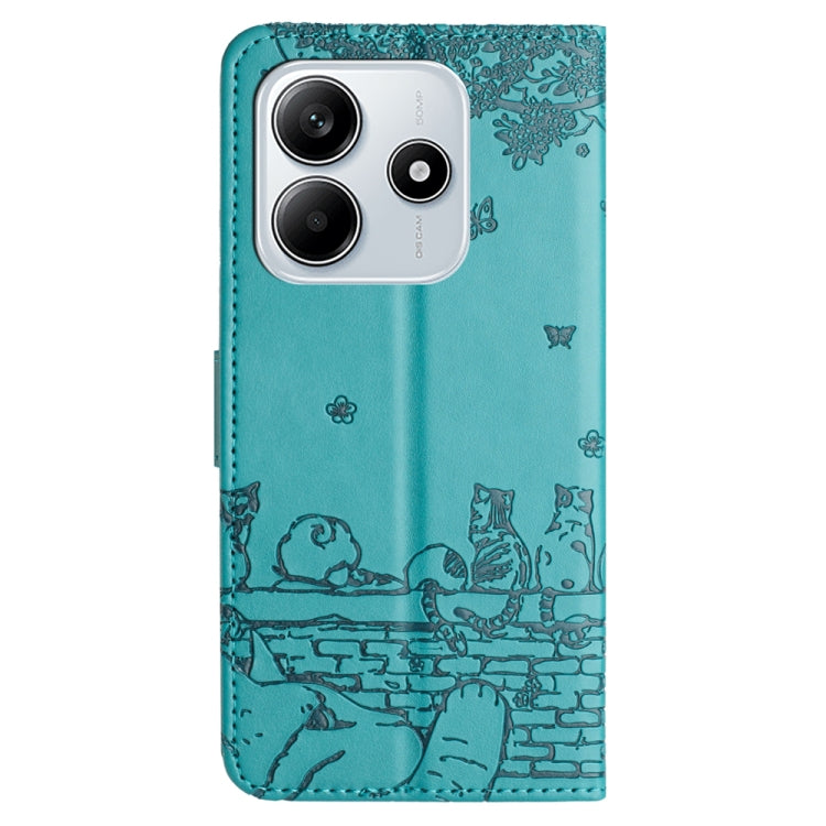 For Redmi Note 14 5G Cat Embossing Pattern Leather Phone Case with Lanyard