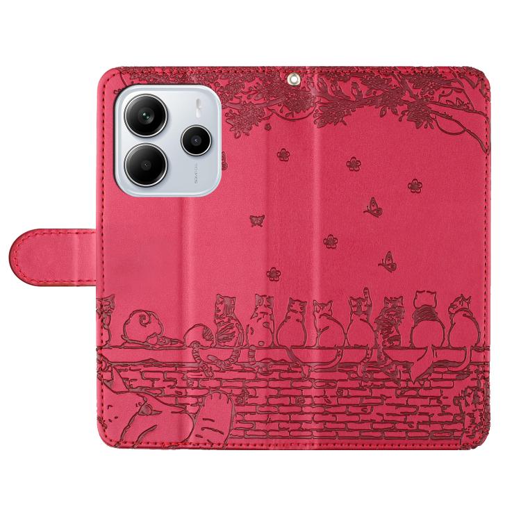 For Redmi Note 14 4G 163.25mm Cat Embossing Pattern Leather Phone Case with Lanyard