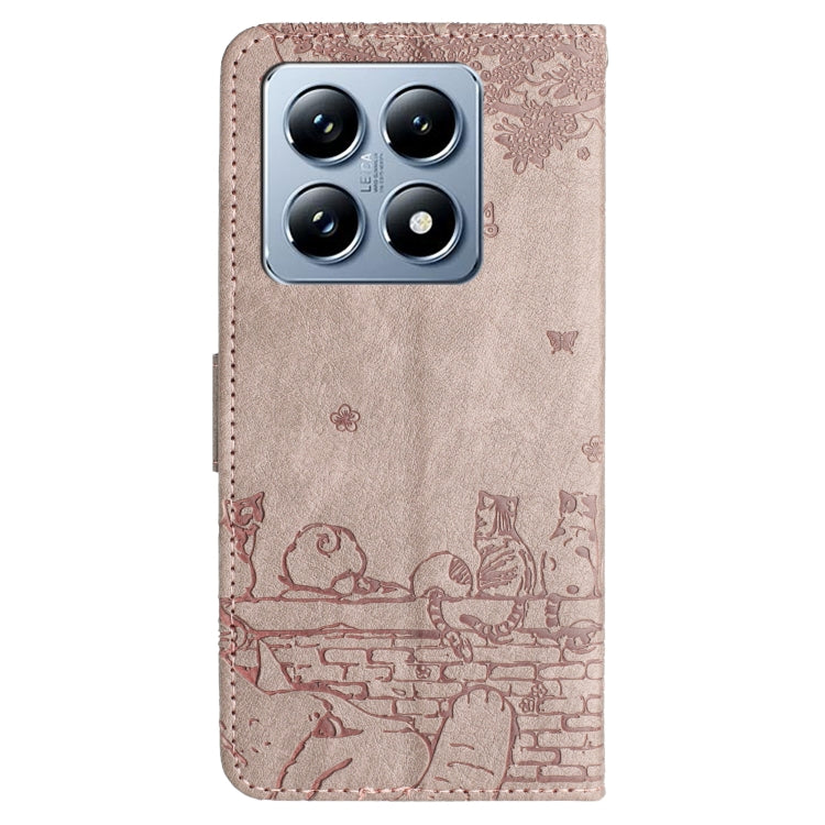 For Xiaomi 14T Cat Embossing Pattern Leather Phone Case with Lanyard