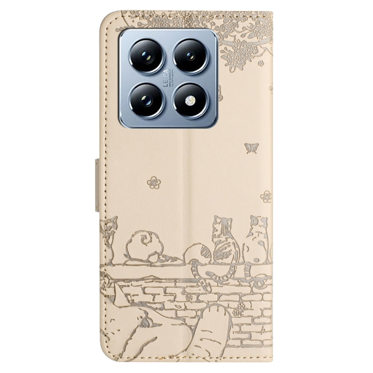 For Xiaomi 14T Pro Cat Embossing Pattern Leather Phone Case with Lanyard