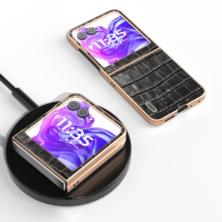 For Motorola Razr 50 ABEEL Electroplating Frame Crocodile Texture Genuine Leather Phone Case