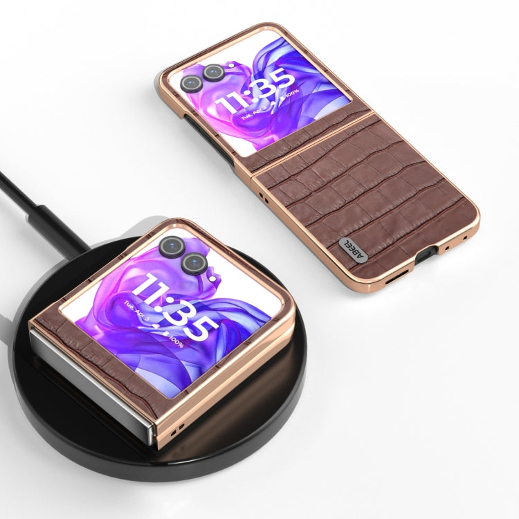 For Motorola Razr 50 ABEEL Electroplating Frame Crocodile Texture Genuine Leather Phone Case