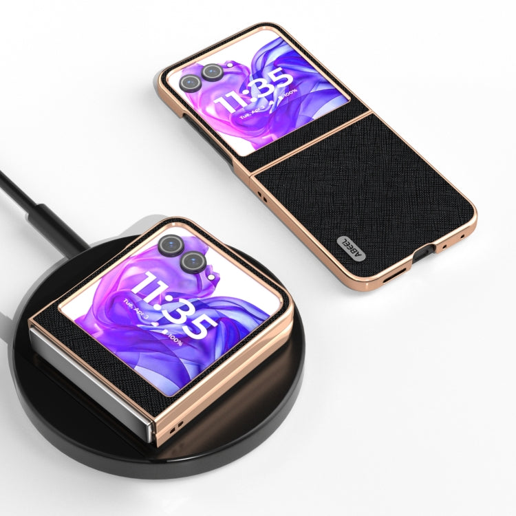 For Motorola Razr 50 ABEEL Electroplating Frame Cross Texture Genuine Leather Phone Case