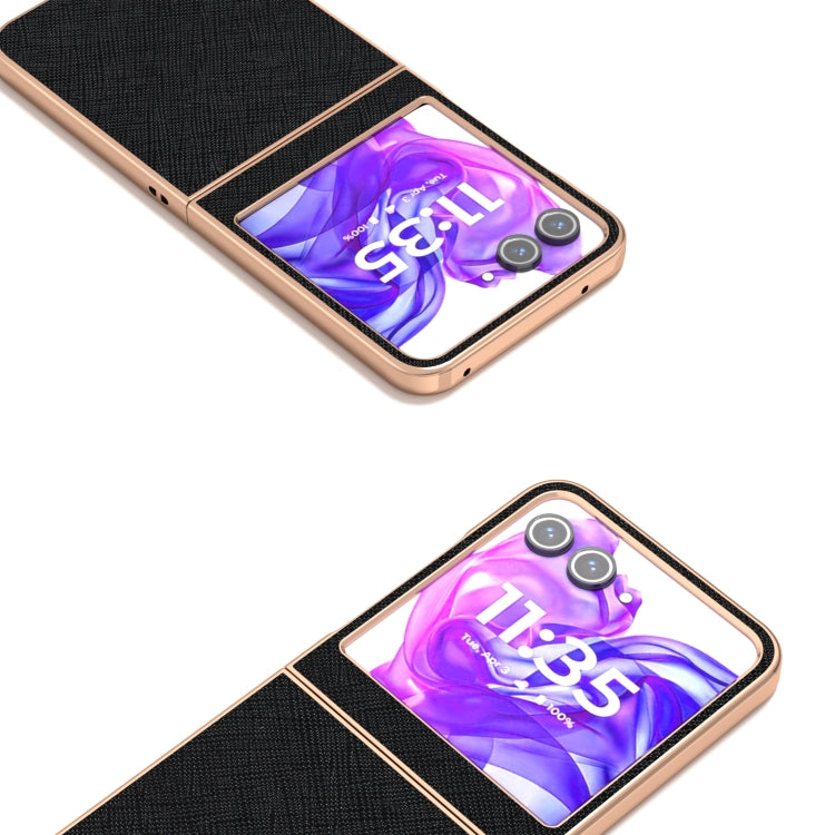 For Motorola Razr 50 ABEEL Electroplating Frame Cross Texture Genuine Leather Phone Case