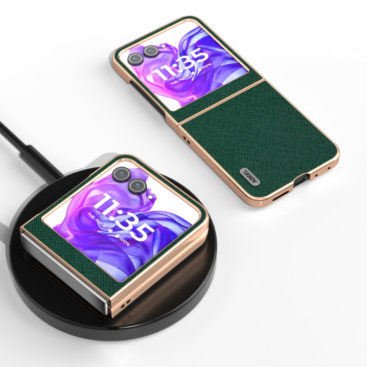 For Motorola Razr 50 ABEEL Electroplating Frame Cross Texture Genuine Leather Phone Case