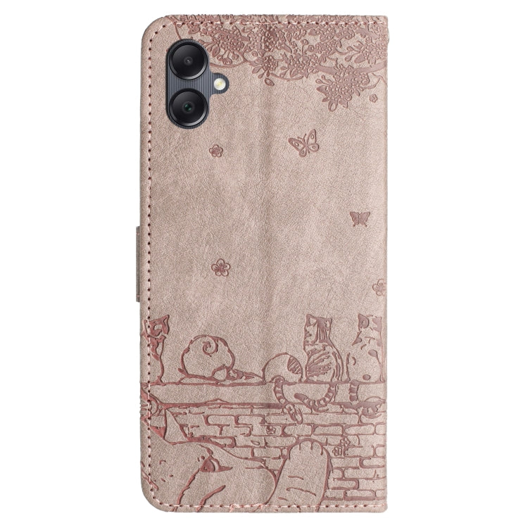For Samsung Galaxy A06 4G Cat Embossing Pattern Leather Phone Case with Lanyard