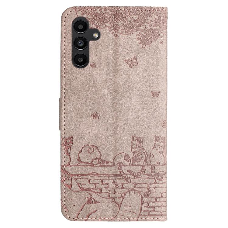 For Samsung Galaxy A16 5G Cat Embossing Pattern Leather Phone Case with Lanyard