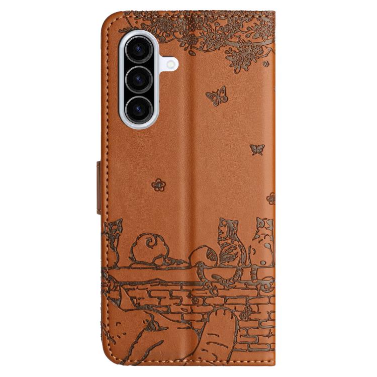 For Samsung Galaxy A56 5G Cat Embossing Pattern Leather Phone Case with Lanyard