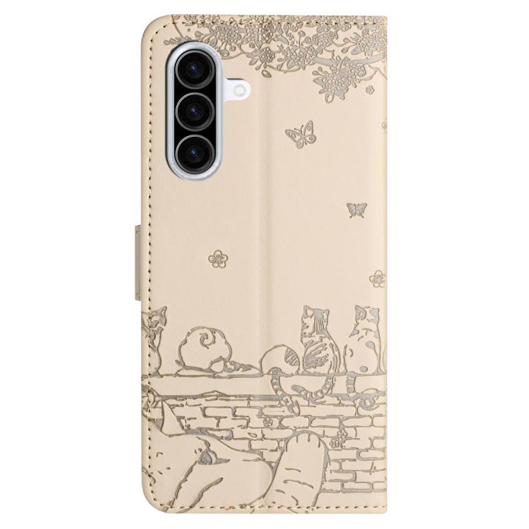 For Samsung Galaxy A56 5G Cat Embossing Pattern Leather Phone Case with Lanyard