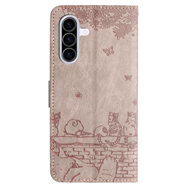 For Samsung Galaxy A36 5G Cat Embossing Pattern Leather Phone Case with Lanyard