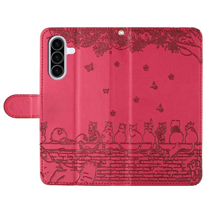 For Samsung Galaxy A57 5G Cat Embossing Pattern Leather Phone Case with Lanyard