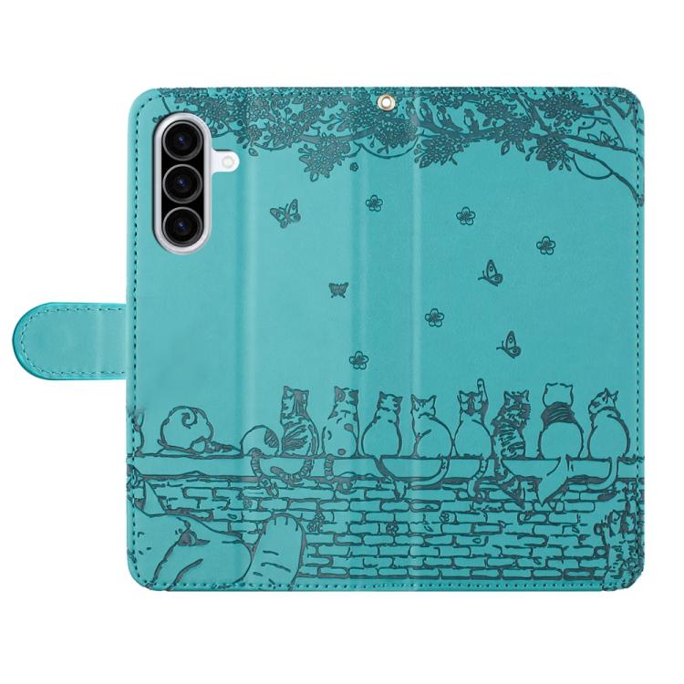 For Samsung Galaxy A57 5G Cat Embossing Pattern Leather Phone Case with Lanyard