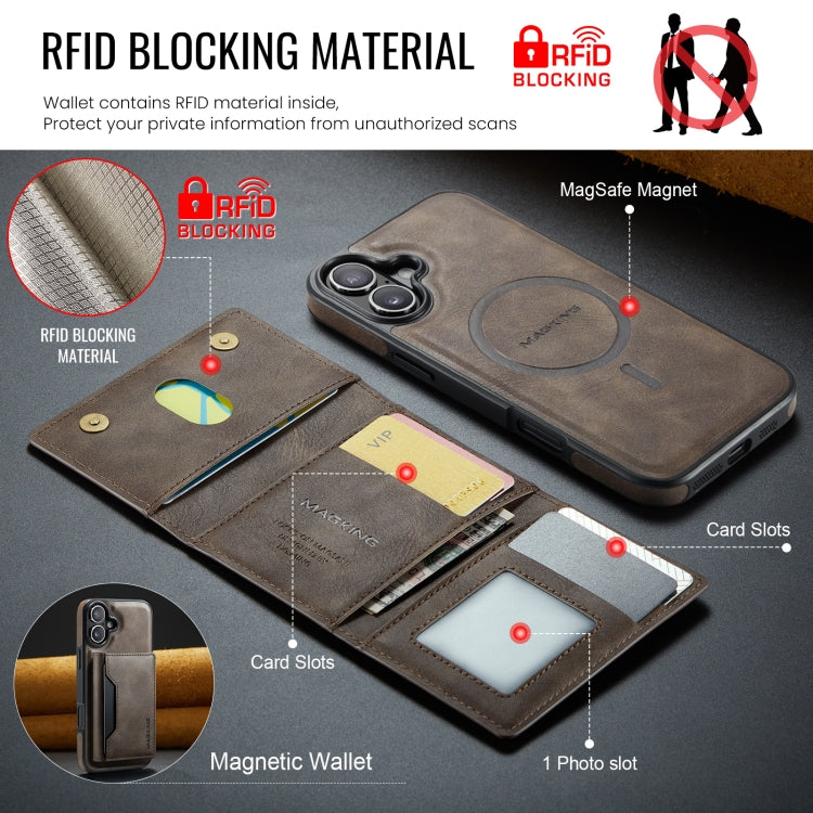 For iPhone 16 Plus MAGKING K2 Series MagSafe RFID Card Bag Detachable Phone Case