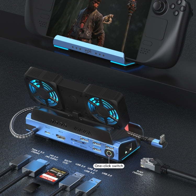 YCE-V279 10 in 1 USB-C Gaming Dock Station Hard Disk Enclosure with Detachable Fan - Blue Black