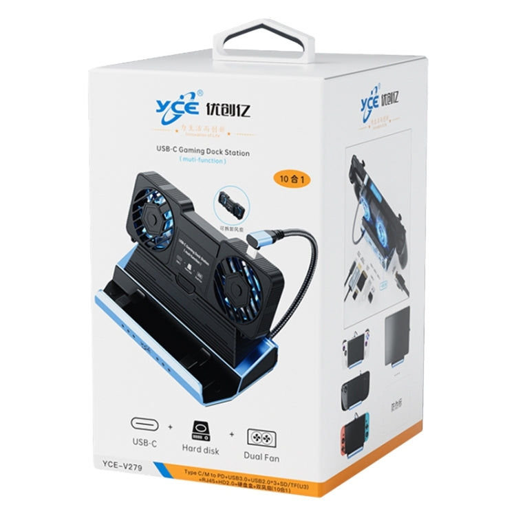 YCE-V279 10 in 1 USB-C Gaming Dock Station Hard Disk Enclosure with Detachable Fan - Blue Black