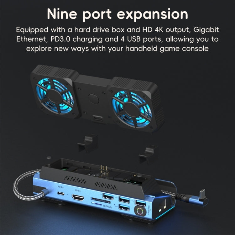 YCE-V279 10 in 1 USB-C Gaming Dock Station Hard Disk Enclosure with Detachable Fan - Blue Black