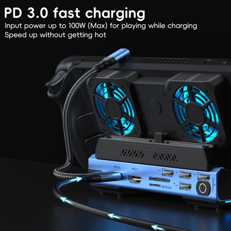 YCE-V279 10 in 1 USB-C Gaming Dock Station Hard Disk Enclosure with Detachable Fan - Blue Black
