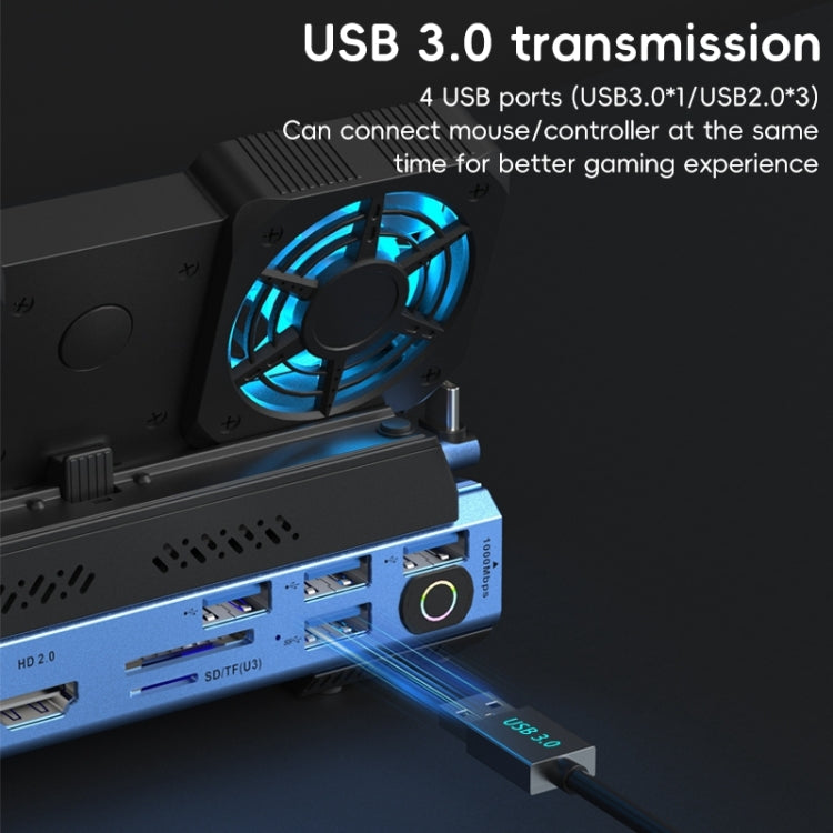 YCE-V279 10 in 1 USB-C Gaming Dock Station Hard Disk Enclosure with Detachable Fan - Blue Black