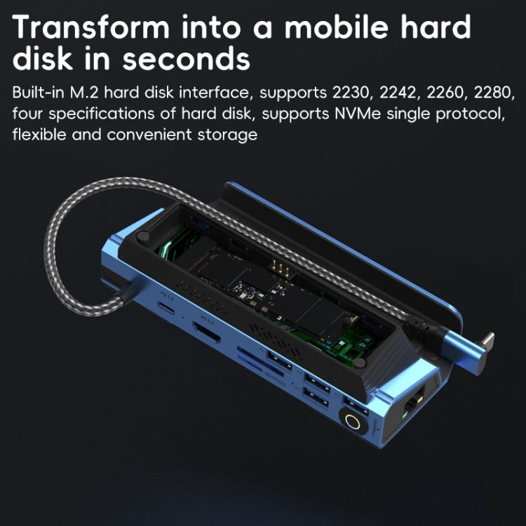 YCE-V279 10 in 1 USB-C Gaming Dock Station Hard Disk Enclosure with Detachable Fan - Blue Black