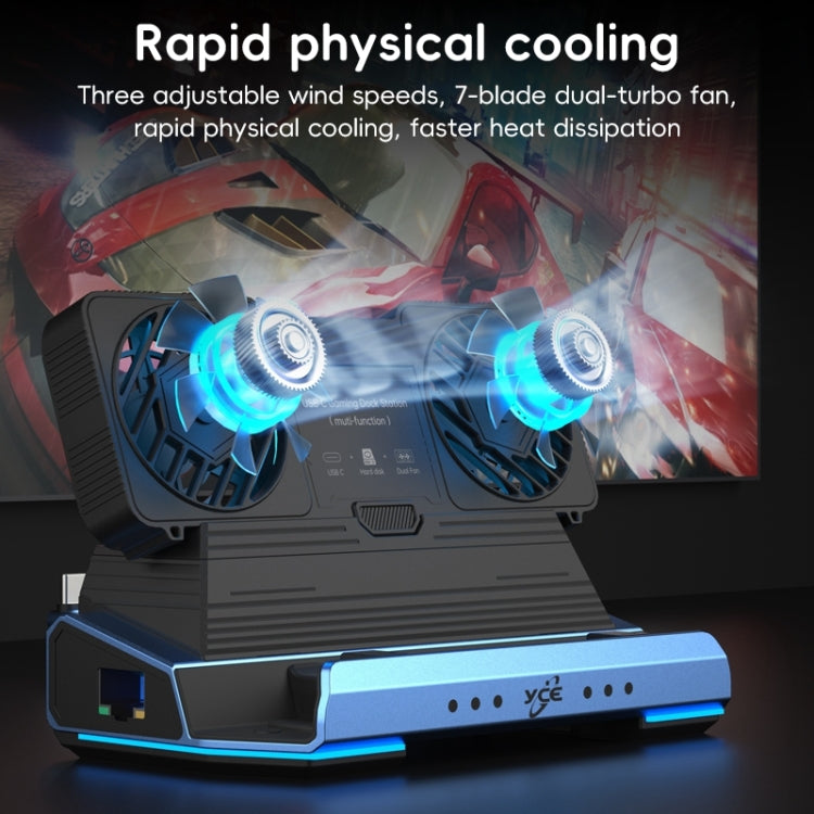 YCE-V279 10 in 1 USB-C Gaming Dock Station Hard Disk Enclosure with Detachable Fan - Blue Black