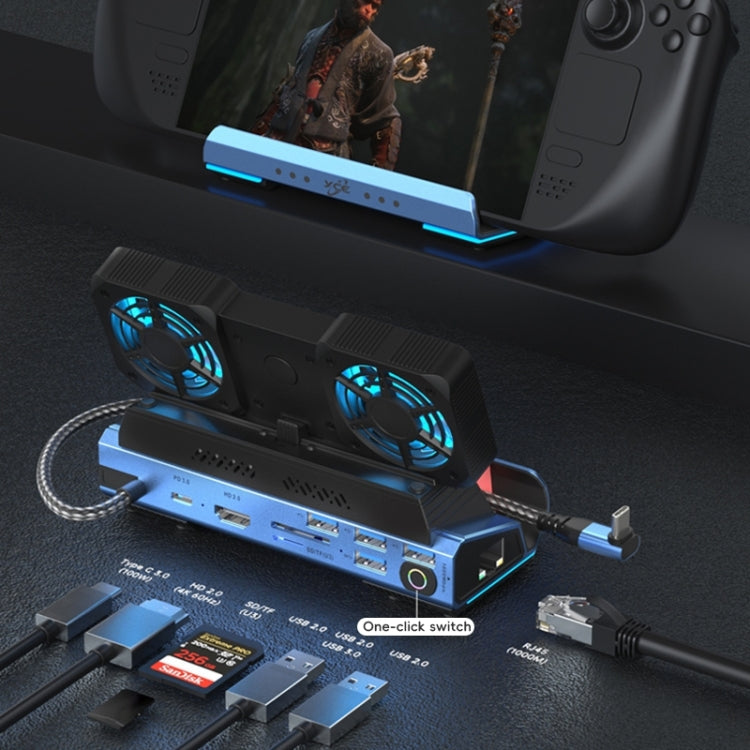 YCE-V279A 9 in 1 USB-C Gaming Dock Station with Detachable Fan - Blue Black