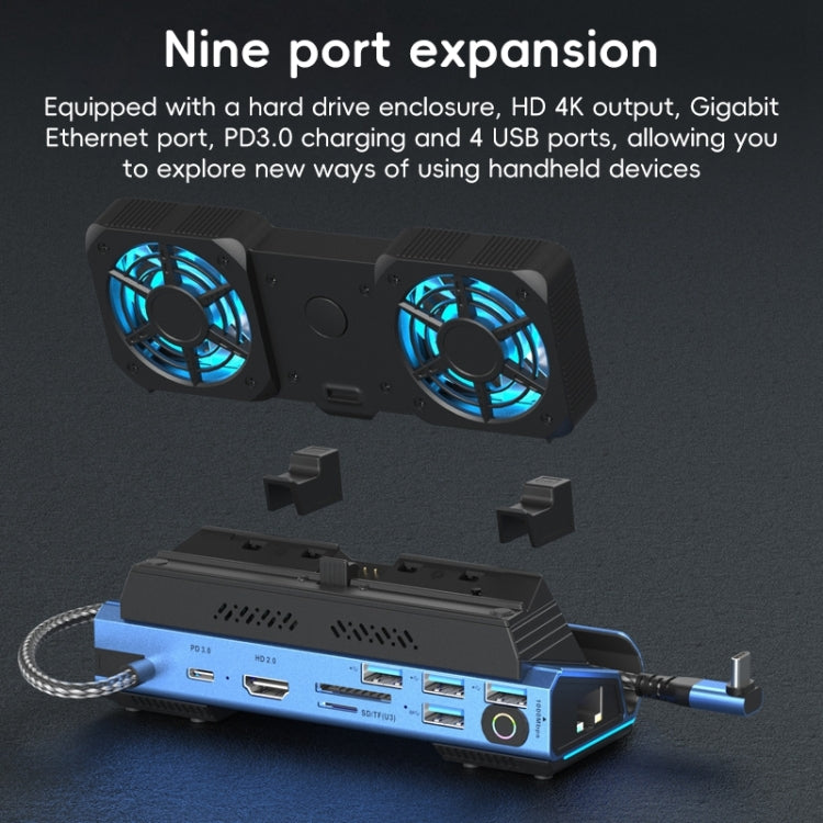 YCE-V279A 9 in 1 USB-C Gaming Dock Station with Detachable Fan - Blue Black
