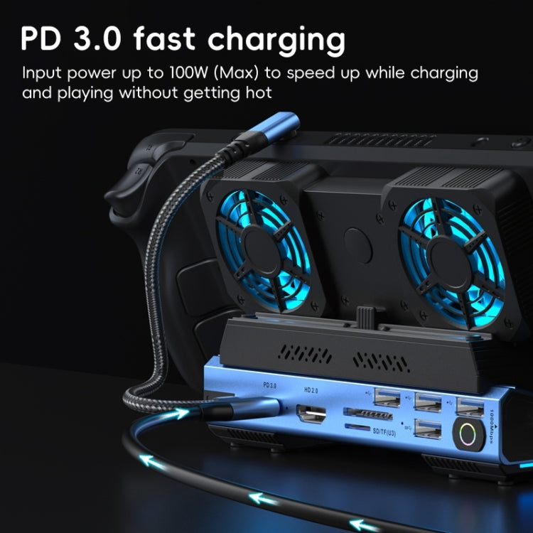 YCE-V279A 9 in 1 USB-C Gaming Dock Station with Detachable Fan - Blue Black