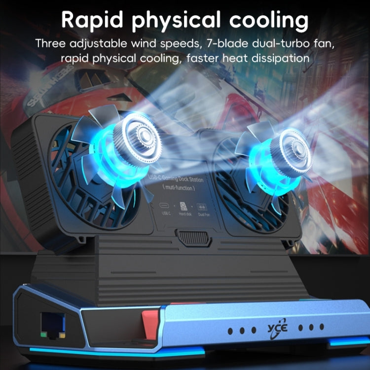 YCE-V279A 9 in 1 USB-C Gaming Dock Station with Detachable Fan - Blue Black