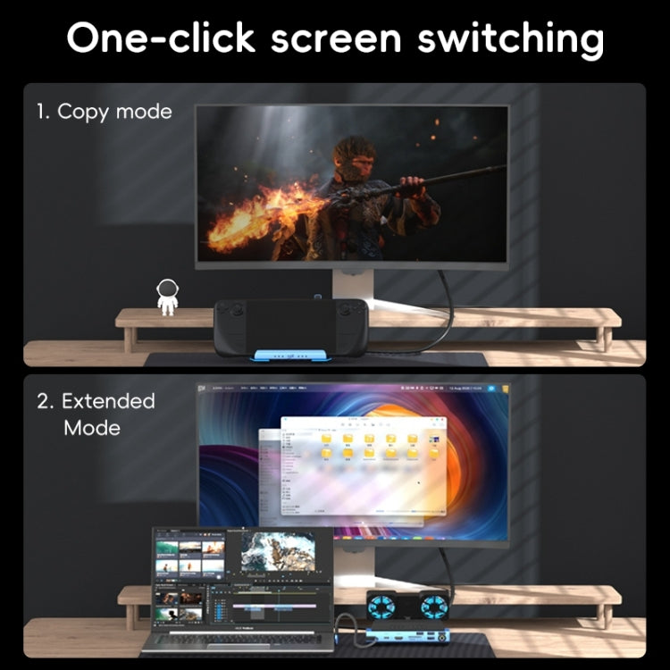 YCE-V279A 9 in 1 USB-C Gaming Dock Station with Detachable Fan - Blue Black