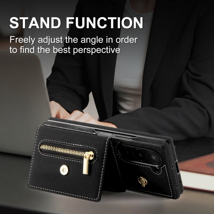 For Samsung Galaxy Z Fold6 POLA Grid Texture Multi-Card Slots Zipper Wallet Phone Case