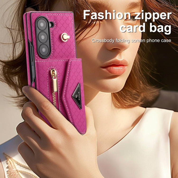 For Samsung Galaxy Z Fold6 POLA Grid Texture Multi-Card Slots Zipper Wallet Phone Case